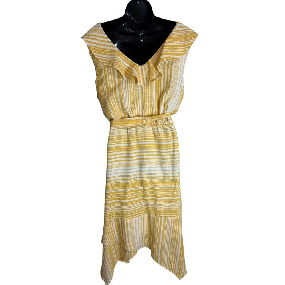 June & Hudson Yellow Stripe Ruffle Dress XL Linen Blend Belted Summer Beach EUC